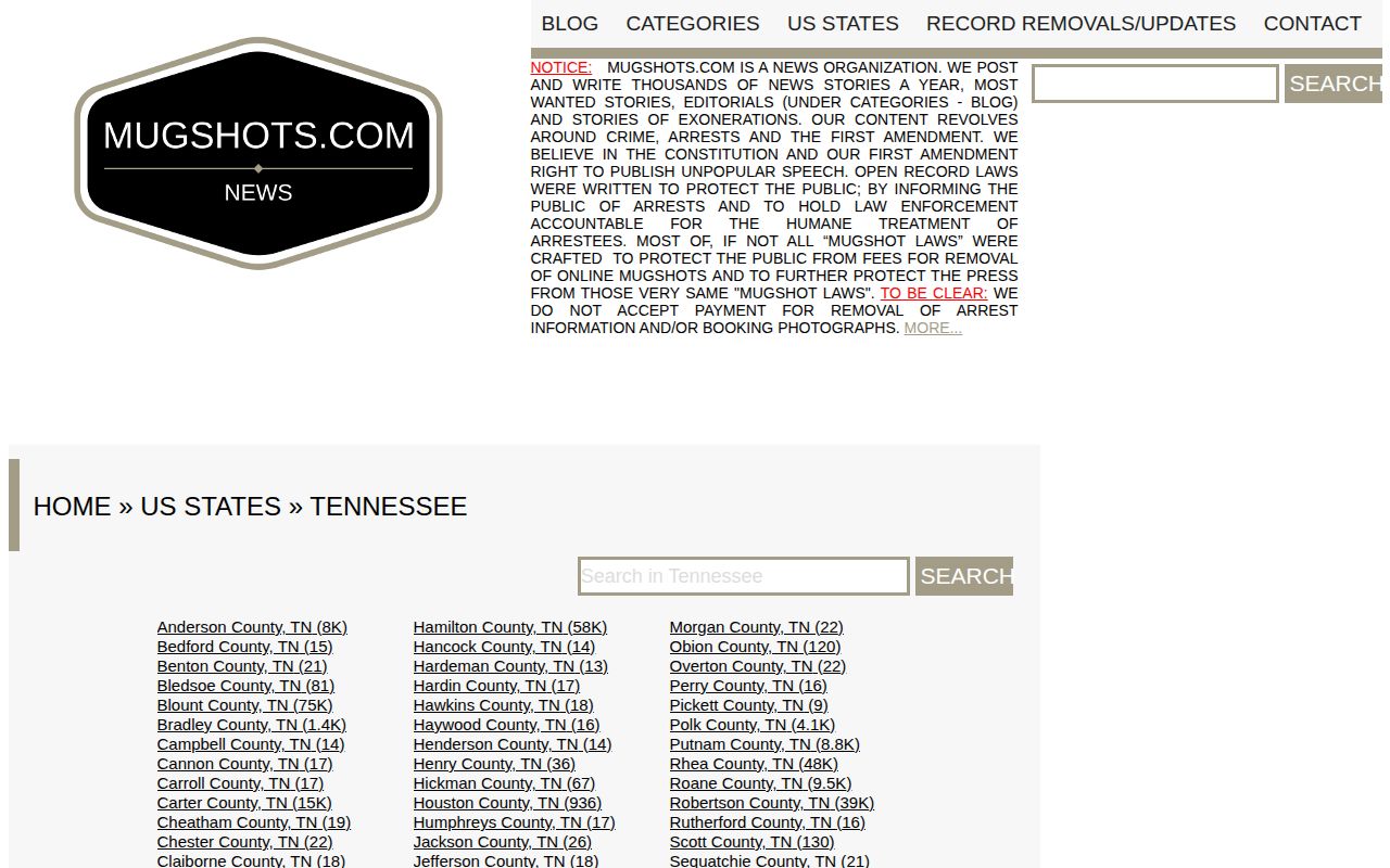 Unofficial Tennessee county index for Benton arrest report comparison